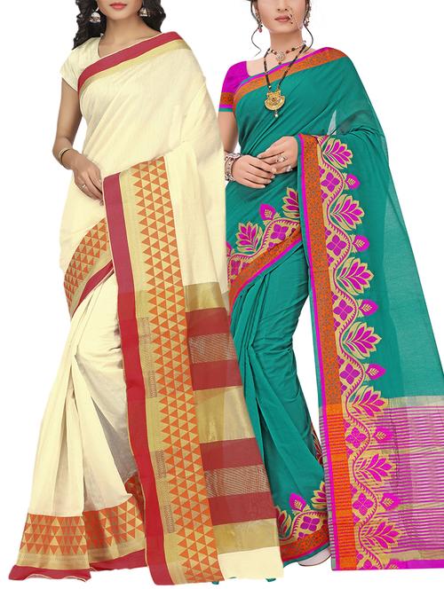 set of 2 zari bordered saree with blouse - 15484290 - Standard Image - 1