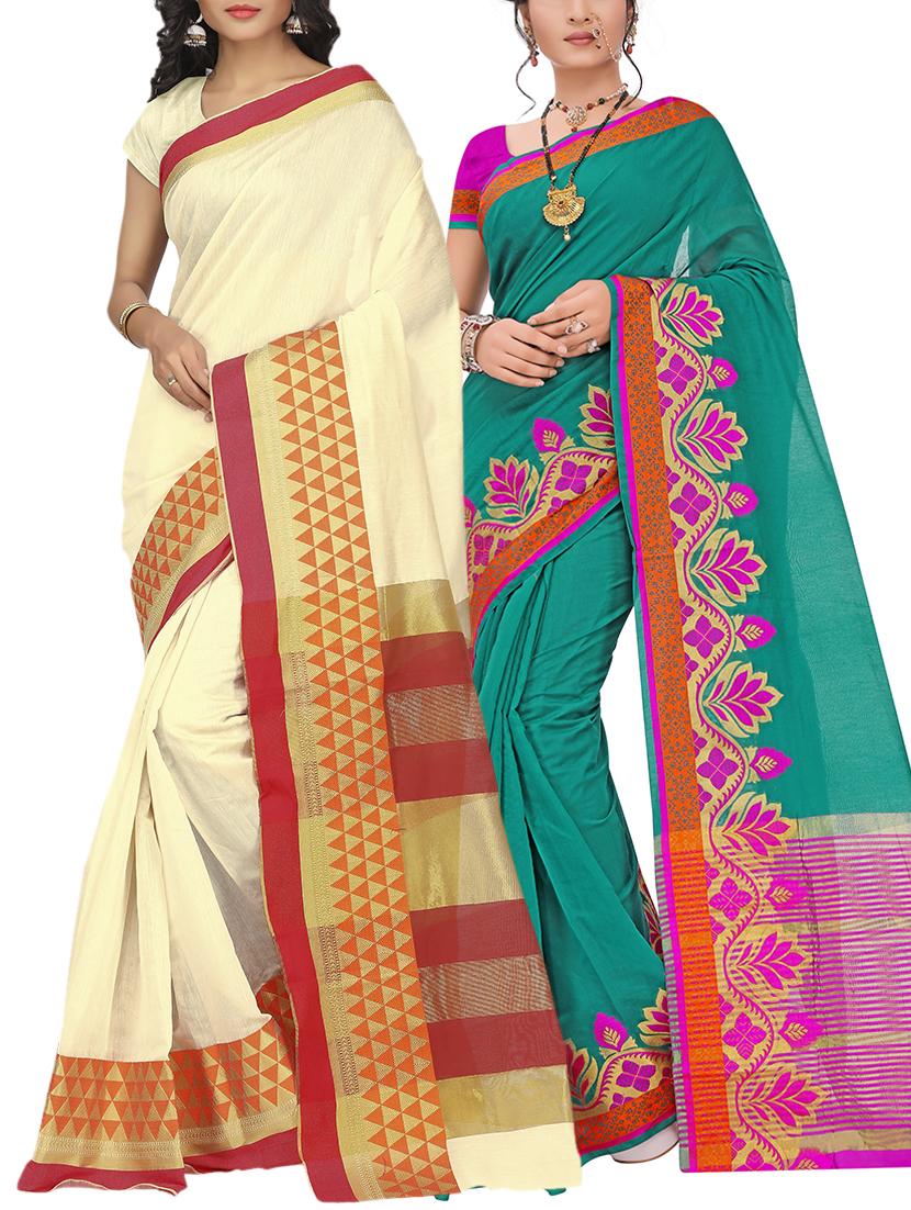 set of 2 zari bordered saree with blouse - 15484290 - Zoom Image - 1
