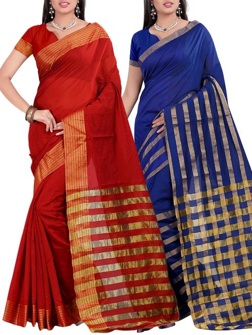 set of 2 zari bordered saree with blouse - 15484291 - Standard Image - 1