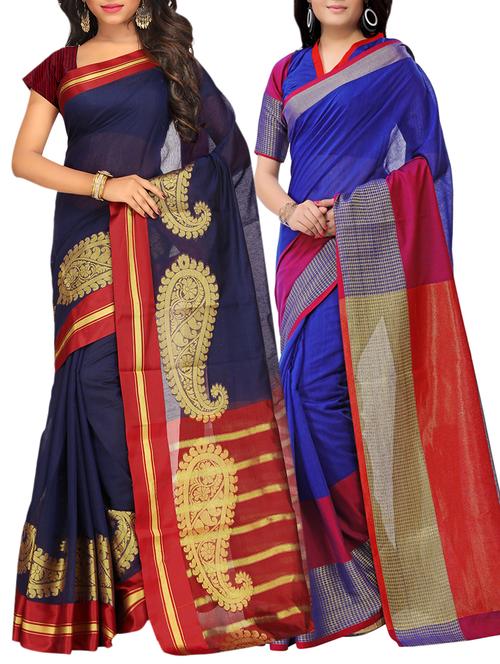 set of 2 zari bordered saree with blouse - 15484296 - Standard Image - 1