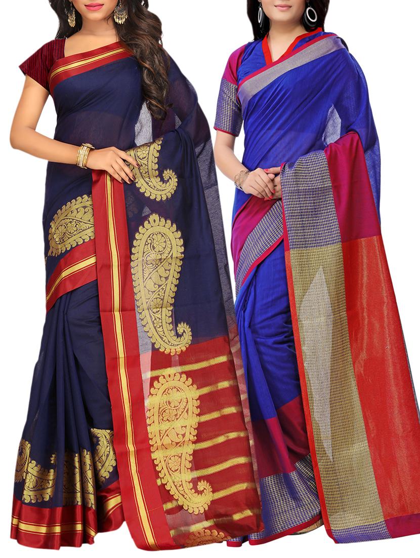 set of 2 zari bordered saree with blouse - 15484296 - Zoom Image - 1