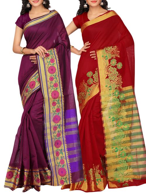 set of 2 zari bordered saree with blouse - 15484302 - Standard Image - 1