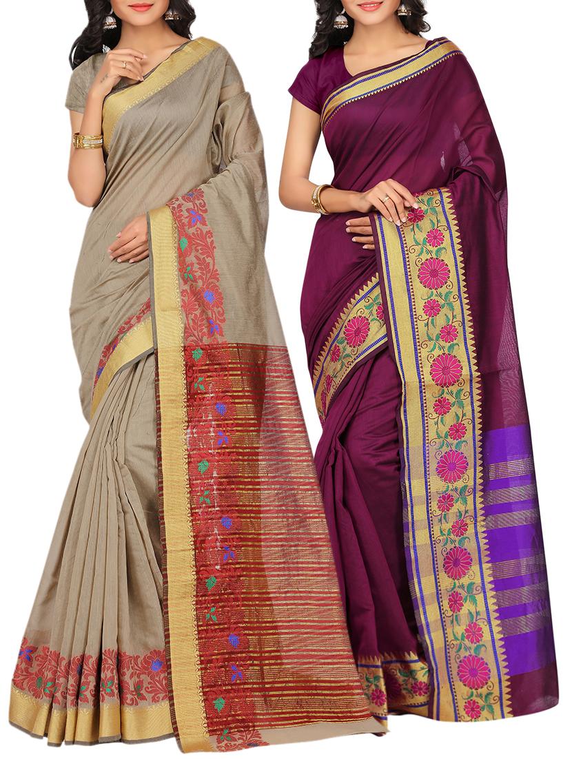 set of 2 zari bordered saree with blouse - 15484306 - Zoom Image - 1