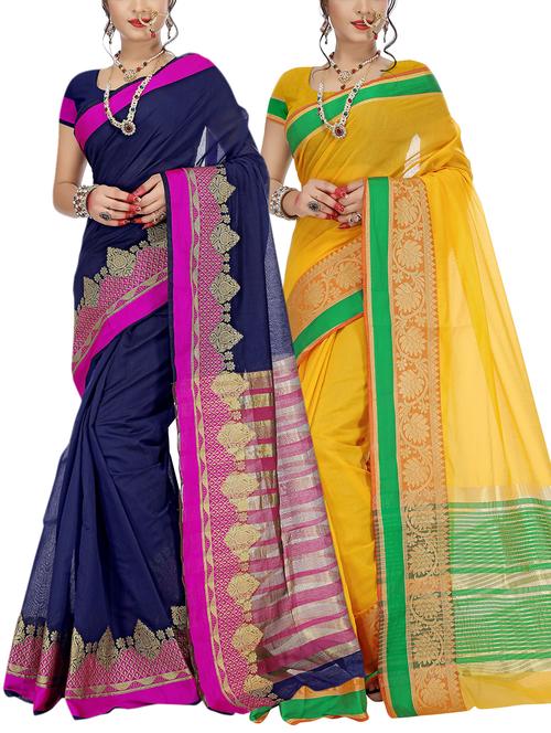 set of 2 zari bordered saree with blouse - 15484308 - Standard Image - 1