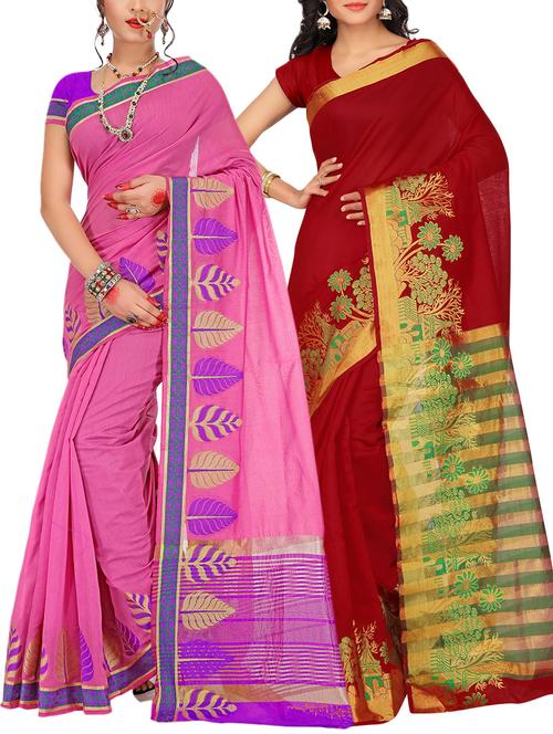 set of 2 zari bordered saree with blouse - 15484314 - Standard Image - 1