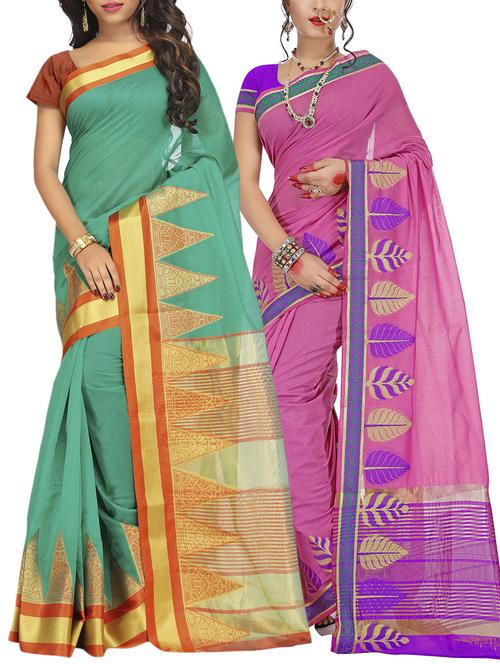set of 2 zari bordered saree with blouse - 15484316 - Standard Image - 1
