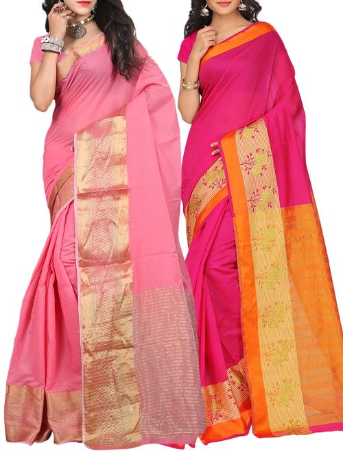 set of 2 zari bordered saree with blouse - 15484318 - Standard Image - 1