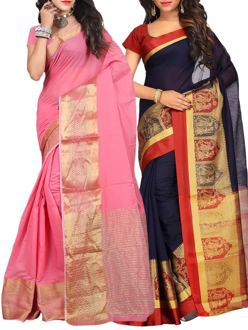 set of 2 zari bordered saree with blouse - 15484320 - Zoom Image - 1