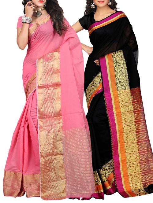 set of 2 zari bordered saree with blouse - 15484322 - Standard Image - 1