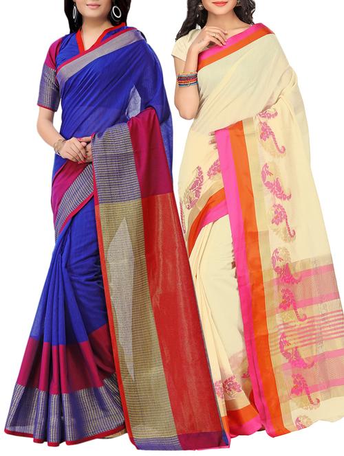 set of 2 zari bordered saree with blouse - 15484328 - Standard Image - 1