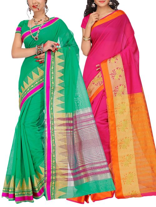 set of 2 zari bordered saree with blouse - 15484338 - Standard Image - 1