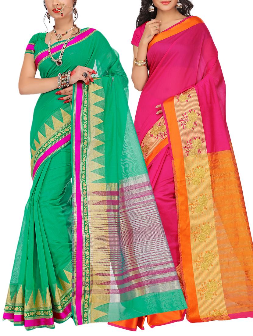 set of 2 zari bordered saree with blouse - 15484338 - Zoom Image - 1