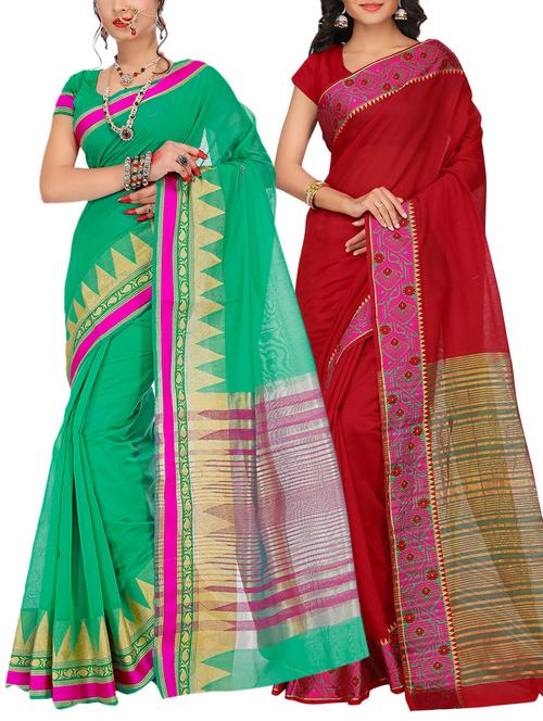 set of 2 zari bordered saree with blouse - 15484340 - Standard Image - 1