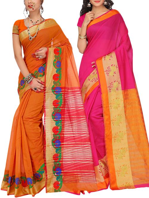 set of 2 zari bordered saree with blouse - 15484348 - Standard Image - 1