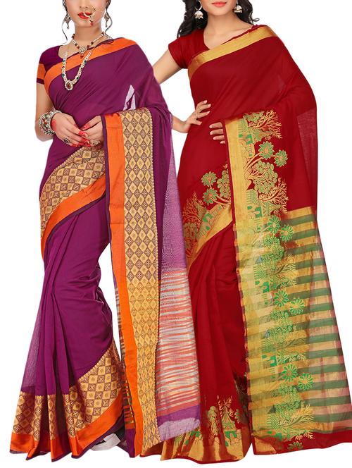 set of 2 zari bordered saree with blouse - 15484350 - Standard Image - 1