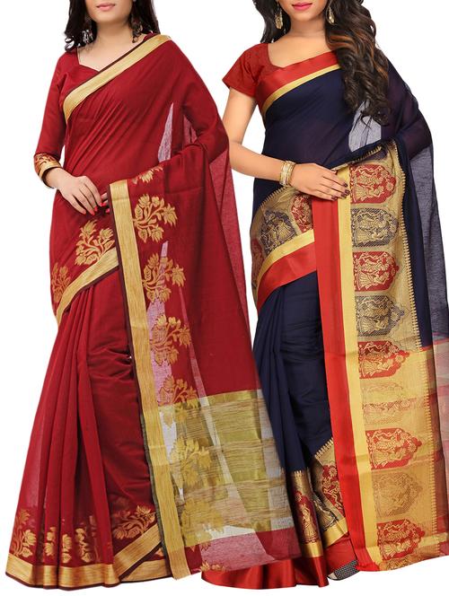 set of 2 zari bordered saree with blouse - 15484364 - Standard Image - 1
