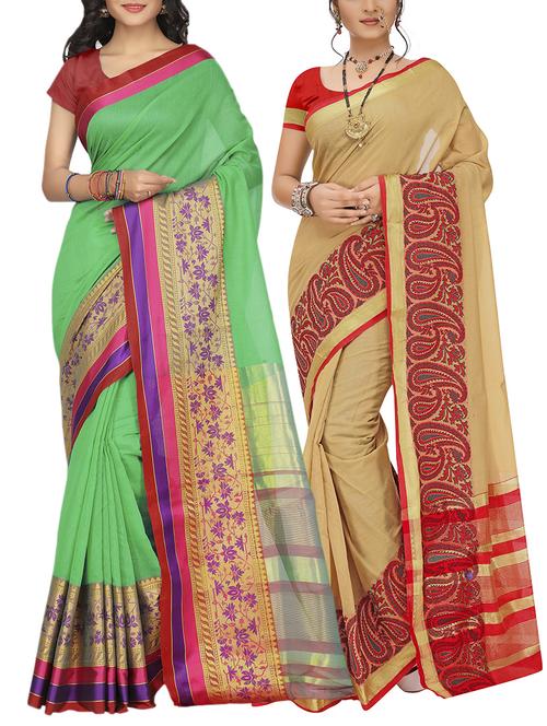 set of 2 zari bordered saree with blouse - 15484372 - Standard Image - 1