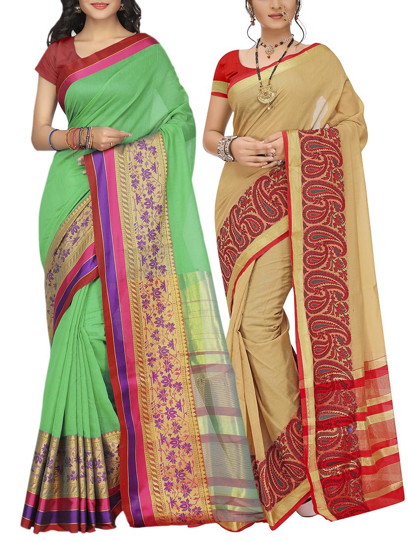 set of 2 zari bordered saree with blouse - 15484372 - Zoom Image - 1
