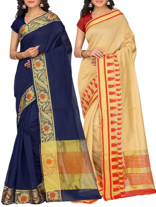 set of 2 zari bordered saree with blouse - 15484378 - Standard Image - 1