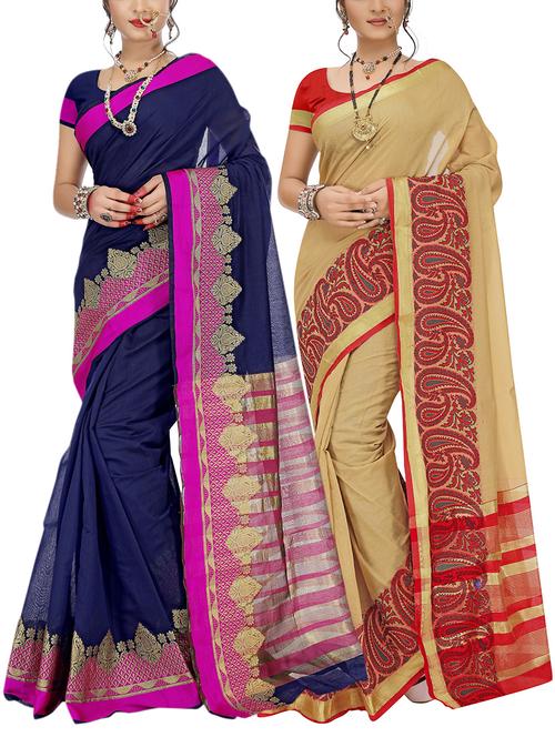 set of 2 zari bordered saree with blouse - 15484406 - Standard Image - 1