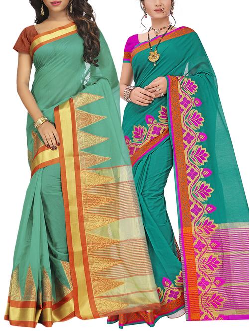 set of 2 zari bordered saree with blouse - 15484416 - Standard Image - 1