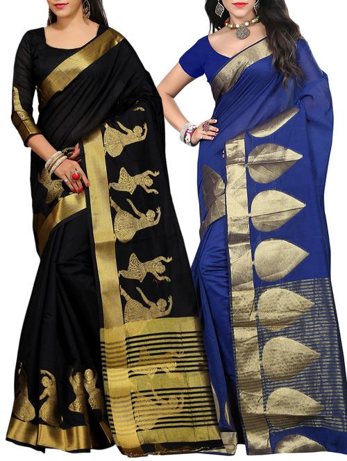 set of 2 zari bordered saree with blouse - 15484421 - Standard Image - 1