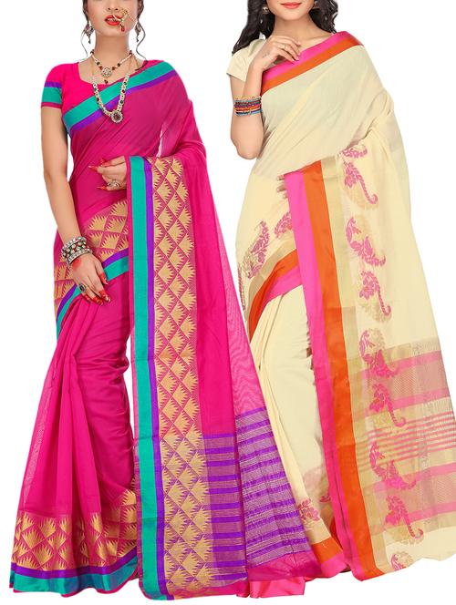 set of 2 zari bordered saree with blouse - 15484424 - Standard Image - 1