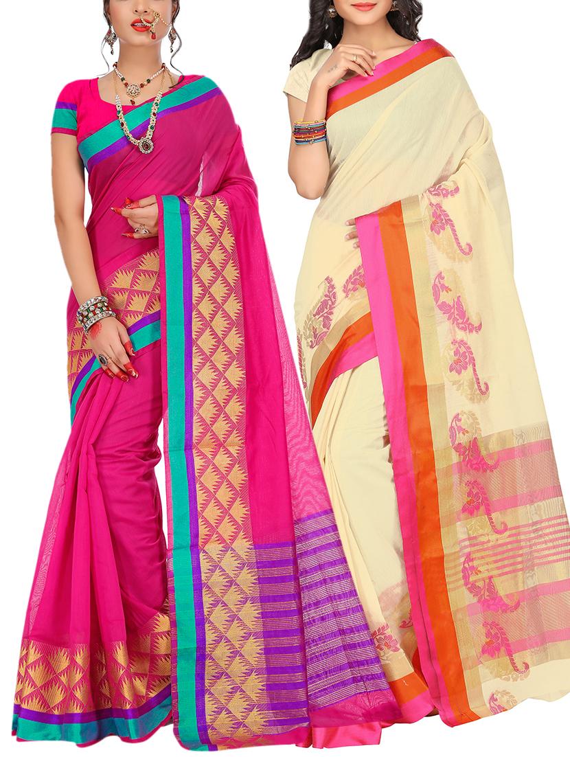 set of 2 zari bordered saree with blouse - 15484424 - Zoom Image - 1