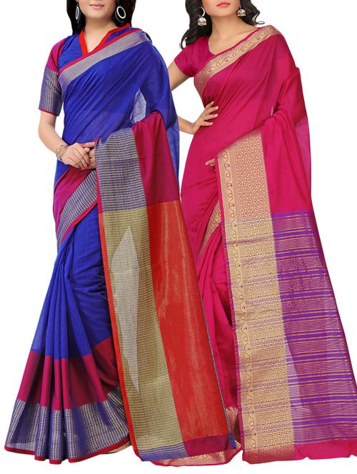 set of 2 zari bordered saree with blouse - 15484426 - Standard Image - 1