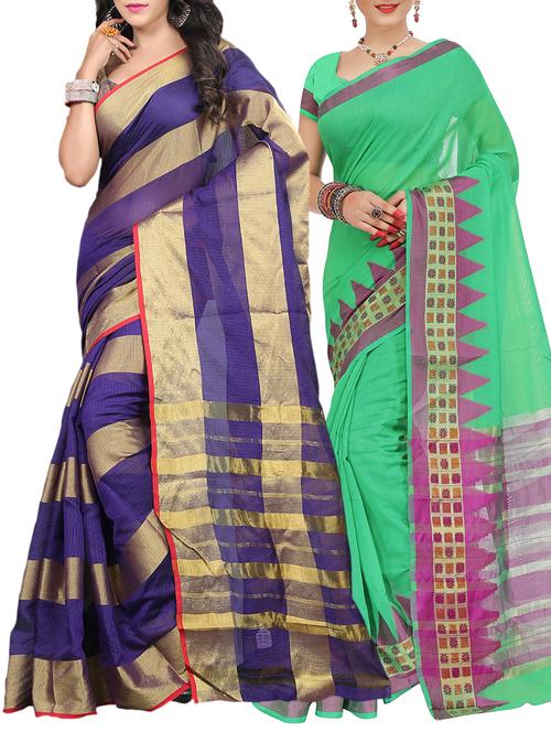 set of 2 zari bordered saree with blouse - 15484430 - Standard Image - 1