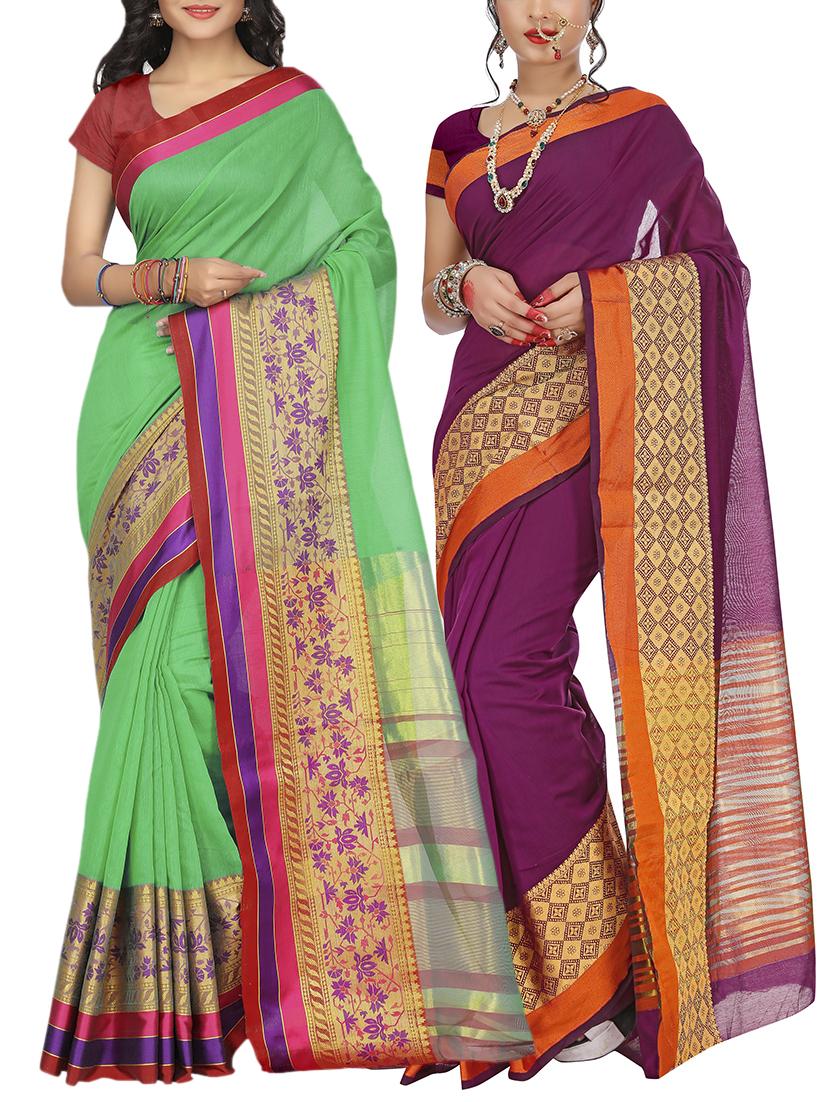 set of 2 zari bordered saree with blouse - 15484432 - Zoom Image - 1