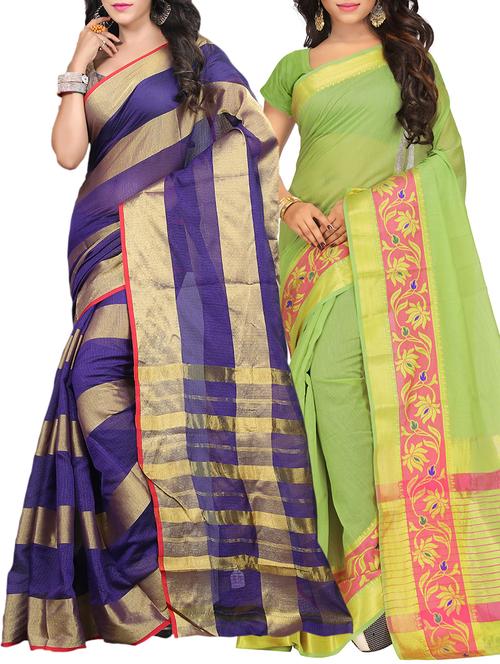 set of 2 zari bordered saree with blouse - 15484436 - Standard Image - 1