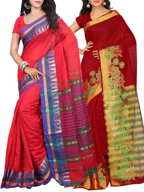 set of 2 zari bordered saree with blouse - 15484438 - Standard Image - 1