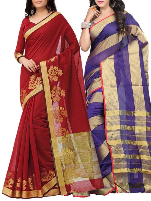 set of 2 zari bordered saree with blouse - 15484440 - Standard Image - 1