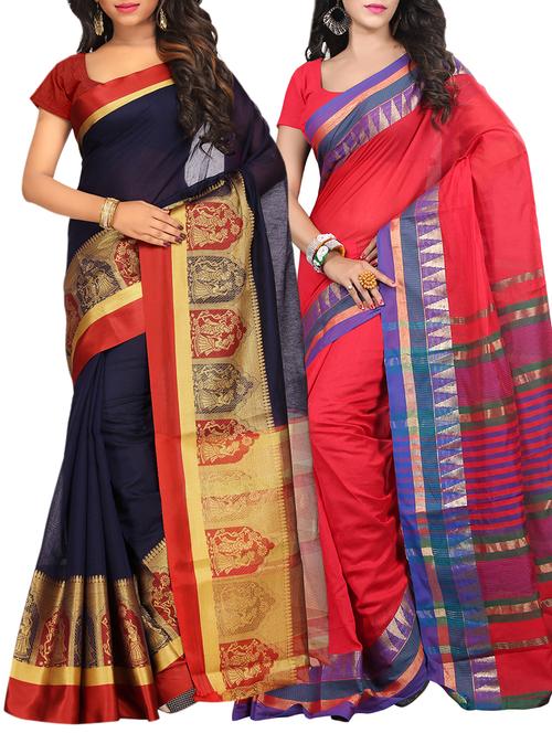 set of 2 zari bordered saree with blouse - 15484442 - Standard Image - 1