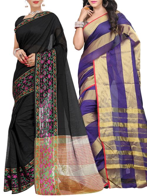 set of 2 zari bordered saree with blouse - 15484444 - Standard Image - 1