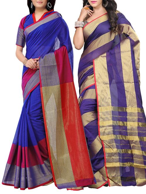set of 2 zari bordered saree with blouse - 15484446 - Standard Image - 1