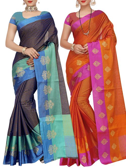 set of 2 zari bordered saree with blouse - 15484447 - Standard Image - 1