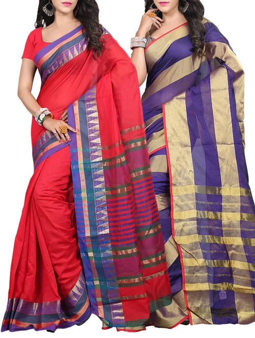 set of 2 zari bordered saree with blouse - 15484448 - Standard Image - 1