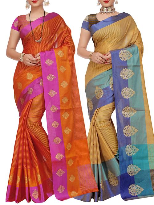 set of 2 zari bordered saree with blouse - 15484449 - Standard Image - 1