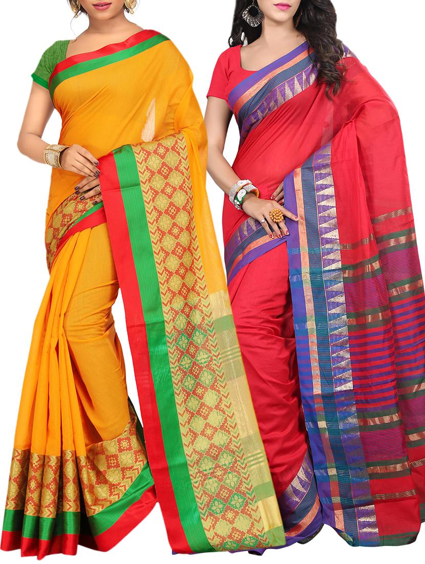 set of 2 zari bordered saree with blouse - 15484450 - Zoom Image - 1