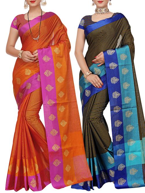 set of 2 zari bordered saree with blouse - 15484453 - Standard Image - 1