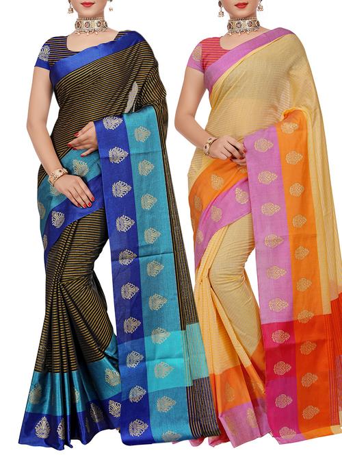 set of 2 zari bordered saree with blouse - 15484457 - Standard Image - 1