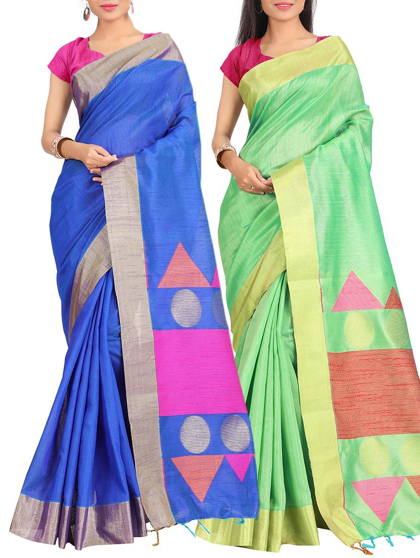 set of 2 zari bordered saree with blouse - 15484462 - Zoom Image - 1