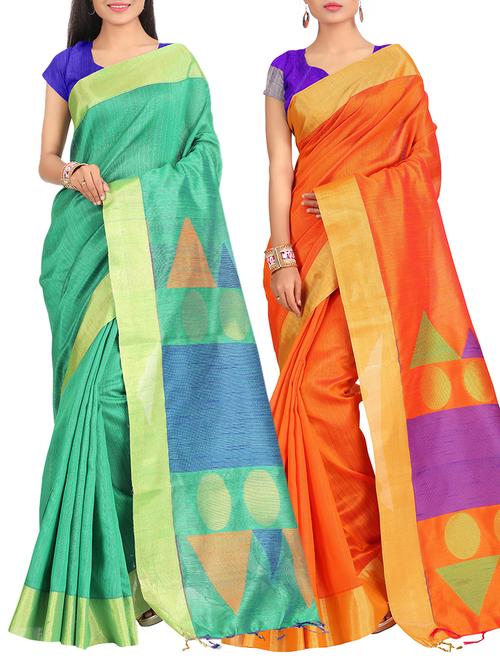 set of 2 zari bordered saree with blouse - 15484464 - Standard Image - 1