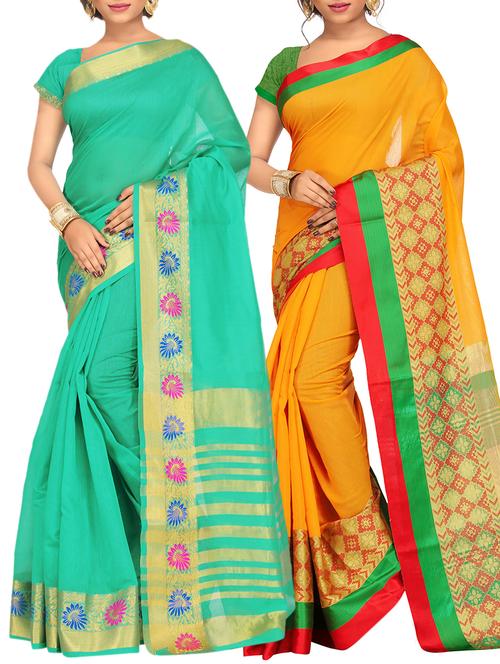 set of 2 zari bordered saree with blouse - 15484501 - Standard Image - 1