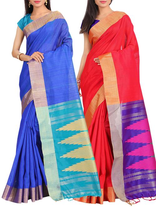 set of 2 zari bordered saree with blouse - 15484502 - Standard Image - 1