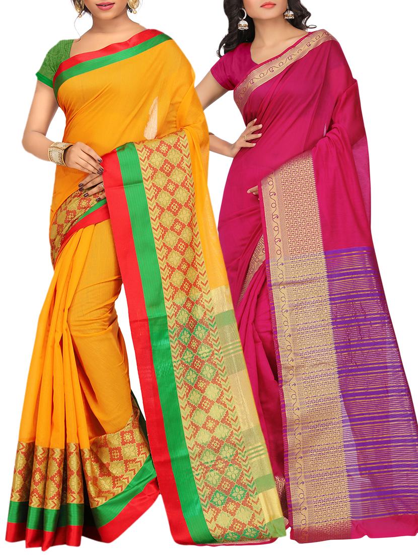 set of 2 zari bordered saree with blouse - 15484503 - Zoom Image - 1