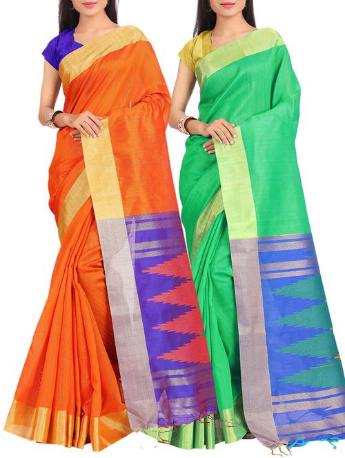 set of 2 zari bordered saree with blouse - 15484504 - Standard Image - 1