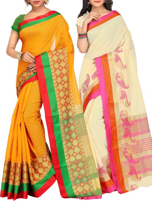 set of 2 zari bordered saree with blouse - 15484505 - Standard Image - 1